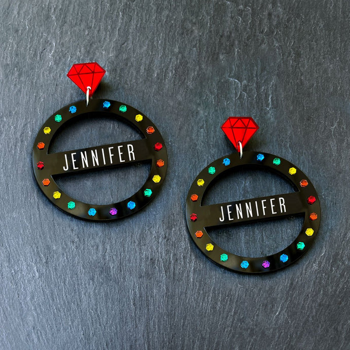 Pair Of Customisable Maine And Mara GRANDE CROWN JEWEL Pride Hoop Earrings In Rainbow And Black