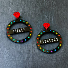 Load image into Gallery viewer, Australian Handmade Maine And Mara Customisable Fierce Fabulous CROWN JEWEL Hoop Earrings In Pride Rainbow And Black