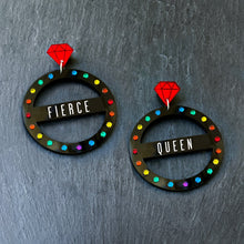 Load image into Gallery viewer, Pair Of Australian Made Maine And Mara Fierce Queen GRANDE CROWN JEWEL Hoop Earrings In Pride Rainbow And Black