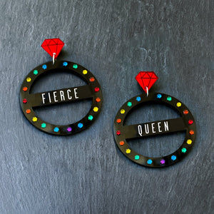 Pair Of Australian Made Maine And Mara Fierce Queen GRANDE CROWN JEWEL Hoop Earrings In Pride Rainbow And Black