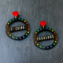 Load image into Gallery viewer, Australian Made Maine And Mara Customisable Fabulous Large CROWN JEWEL Hoop Earrings In Pride Rainbow And Black