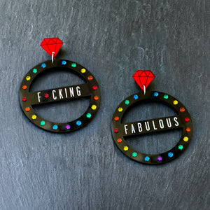 Australian Made Maine And Mara Customisable Fabulous Large CROWN JEWEL Hoop Earrings In Pride Rainbow And Black