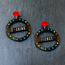 Load image into Gallery viewer, Australian Made Maine And Mara Customisable Fierce GRANDE CROWN JEWEL Hoop Earrings In Pride Rainbow And Black