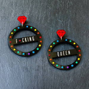 Pair Of Australian Handmade Maine And Mara Customisable Queen CROWN JEWEL Hoop Earrings In Pride Rainbow And Black