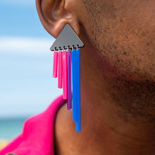 Load image into Gallery viewer, Closeup of Person wearing Maine and Mara BIFURIOUS Bisexual Pride Earrings with long chimes