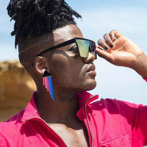 Person Wearing Maine and Mara Modern CLIP ON BIFURIOUS DANGLES Bisexual Pride Earrings