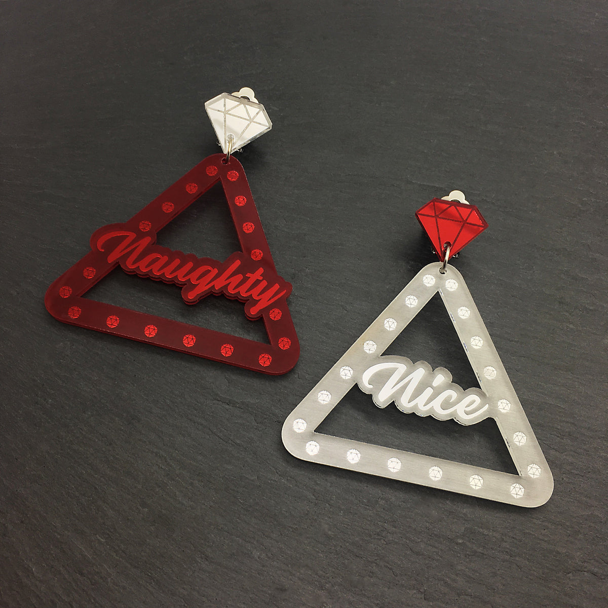 Australian Handmade Maine And Mara Large RED and SILVER NAUGHTY And NICE Christmas Earrings