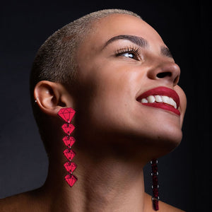 Person Wearing Australian Handmade Maine And Mara RED RUBY Diamond Shape DROP EARRINGS