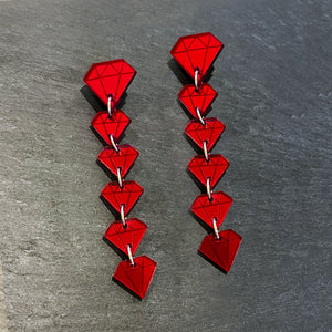 Pair Of Large Handmade Maine And Mara RED RUBY Diamond Shape DROP EARRINGS