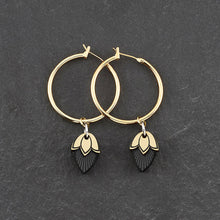 Load image into Gallery viewer, Earrings ATHENA I  Black Art Deco Charmed Gold Hoop Earrings The Athena Art Deco charmed silver hoop earrings