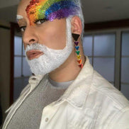 Maine And Mara Rainbow Statement Pride Earrings Worn By Person With Bold Glitter Makeup, Handmade in Australia