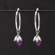 Load image into Gallery viewer, Handmade Maine And Mara Art Deco Charmed Silver Hoop Earrings with purple or rose gold pendant