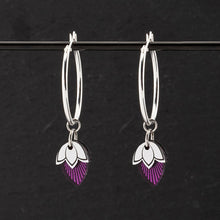Load image into Gallery viewer, Australian made Maine And Mara Art Deco Silver Hoop Charm Earrings with Amethyst purple pendant