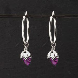 Handmade Maine And Mara Art Deco Charmed Silver Hoop Earrings with purple or rose gold pendant