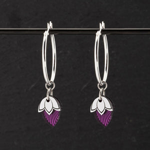 Australian made Maine And Mara Art Deco Silver Hoop Charm Earrings with Amethyst purple pendant
