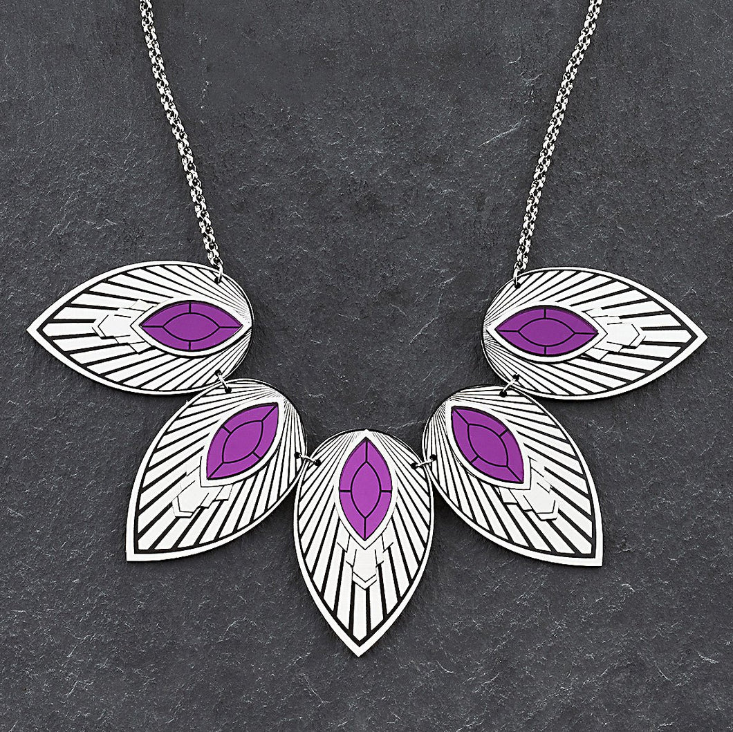 Closeup Of Australian Handmade Maine And Mara THE ATHENA Purple and Silver Art Deco Collar Necklace