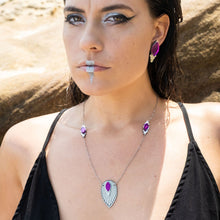 Load image into Gallery viewer, Person Wearing Australian Made Maine And Mara THE ATHENA Purple and Silver Art Deco Earrings And Necklace With Pendant