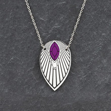Load image into Gallery viewer, Closeup Of Australian Handmade Maine And Mara THE ATHENA Purple and Silver Art Deco Long Necklace Pendant