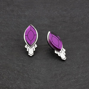 Pair Of Maine And Mara LARGE ATHENA Art Deco Purple and Silver Stud Earrings Without SHIELD