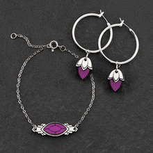 Load image into Gallery viewer, The Maine and Mara ATHENA Amethyst Purple and Silver Art Deco Bracelet with matching hoop pendant earrings