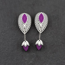 Load image into Gallery viewer, Pair Of Australian Made Maine And Mara THE ATHENA Purple and Silver Art Deco Stackable Drop Earrings