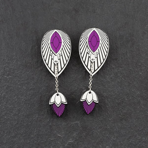 Pair Of Australian Made Maine And Mara THE ATHENA Purple and Silver Art Deco Stackable Drop Earrings