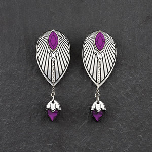 Pair Of Australian Made Maine And Mara THE ATHENA Purple and Silver Art Deco Stackable Stud To Statement Earrings