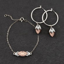 Load image into Gallery viewer, Handmade Maine And Mara Art Deco Athena Silver bracelet with rose gold gem and matching hoop earrings