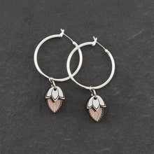 Load image into Gallery viewer, Handmade Maine And Mara Art Deco Charmed Silver Hoop Earrings with rose gold pendant