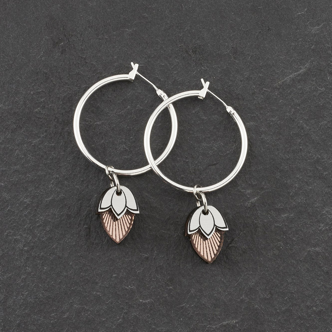 Handmade Maine And Mara Art Deco Charmed Silver Hoop Earrings with rose gold pendant