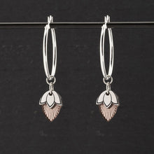 Load image into Gallery viewer, Australian made Maine And Mara Art Deco Silver Hoop Earrings with rose gold pendant charms