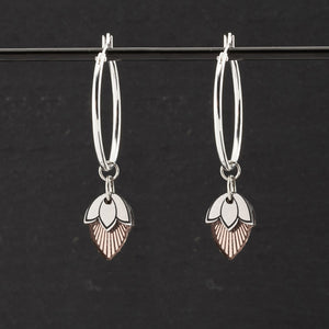 Australian made Maine And Mara Art Deco Silver Hoop Earrings with rose gold pendant charms