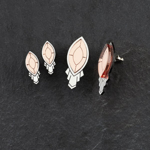 Maine and Mara ATHENA Art Deco Rose Gold Stud Earrings without shield displayed in large and small
