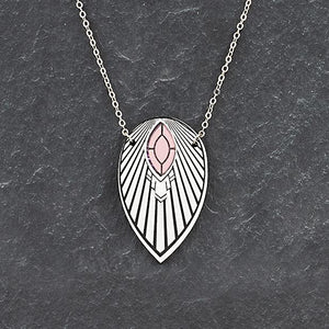 Closeup of the Maine and Mara ATHENA Rose Gold and Silver Art Deco Pendant Long Necklace
