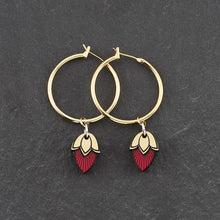 Load image into Gallery viewer, Handmade Maine And Mara Athena gold hoop earrings with ruby red gem pendant charms