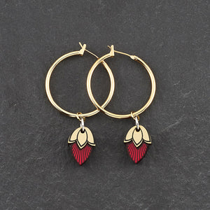 Handmade Maine And Mara Athena gold hoop earrings with ruby red gem pendant charms
