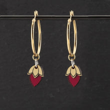 Load image into Gallery viewer, Australian made Maine And Mara Athena gold hoop earrings with ruby gem pendant charms