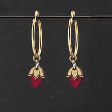 Load image into Gallery viewer, Australian made Maine And Mara Athena gold hoop earrings with ruby gem pendant charms