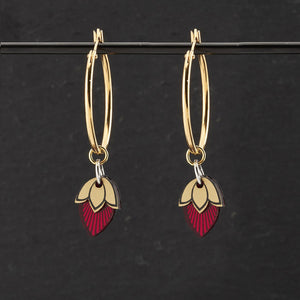 Australian made Maine And Mara Athena gold hoop earrings with ruby gem pendant charms
