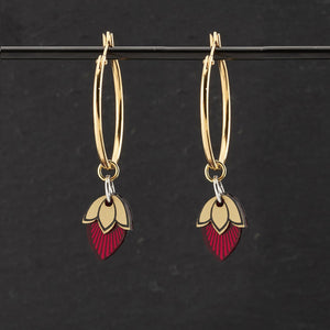Australian made Maine And Mara Athena gold hoop earrings with ruby gem pendant charms