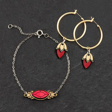 Load image into Gallery viewer, The Maine and Mara ATHENA Ruby Red Gem and Silver Art Deco Bracelet with matching hoop pendant earrings