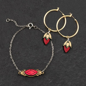 Handmade Maine And Mara Athena gold hoop earrings with ruby gem pendant and matching bracelet