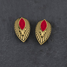 Load image into Gallery viewer, Maine And Mara Handmade Large ATHENA Ruby Red and Gold Art Deco Stud Earrings with shield jacket