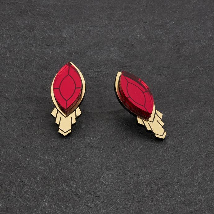 Maine And Mara Handmade SMALL ATHENA Ruby Red and Gold Art Deco Stud Earrings without shield