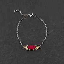 Load image into Gallery viewer, Handmade Maine and Mara ATHENA Silver Art Deco Bracelet displayed with ruby red gem