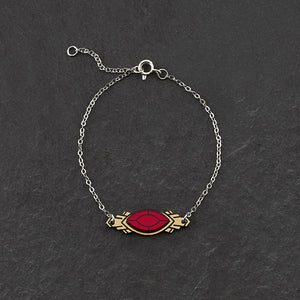Handmade Maine and Mara ATHENA Silver Art Deco Bracelet displayed with ruby red gem