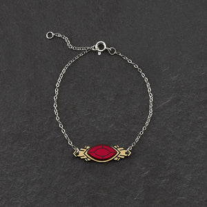Handmade Maine and Mara ATHENA Silver Art Deco Bracelet displayed with ruby red gem