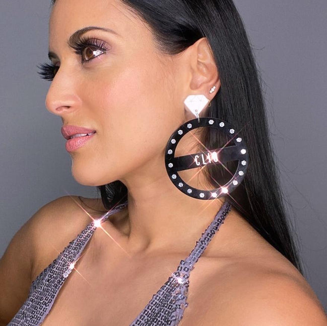 Person Wearing Maine And Mara GRANDE STUDIO 54 DISCO Personalised Name Hoop Earrings, Handmade In Australia