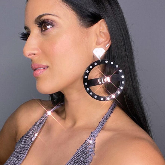 Person Wearing Maine And Mara GRANDE STUDIO 54 DISCO Personalised Name Hoop Earrings, Handmade In Australia