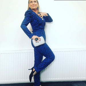 Shaynna Blaze Wearing Blue Jumpsuit And Maine And Mara Blue And Gold Statement Earrings, Handmade in Australia